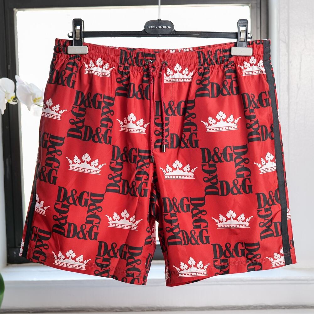 Dolce & Gabbana Red Crown Print Logo Swimwear Shorts + Bag (Size: M)